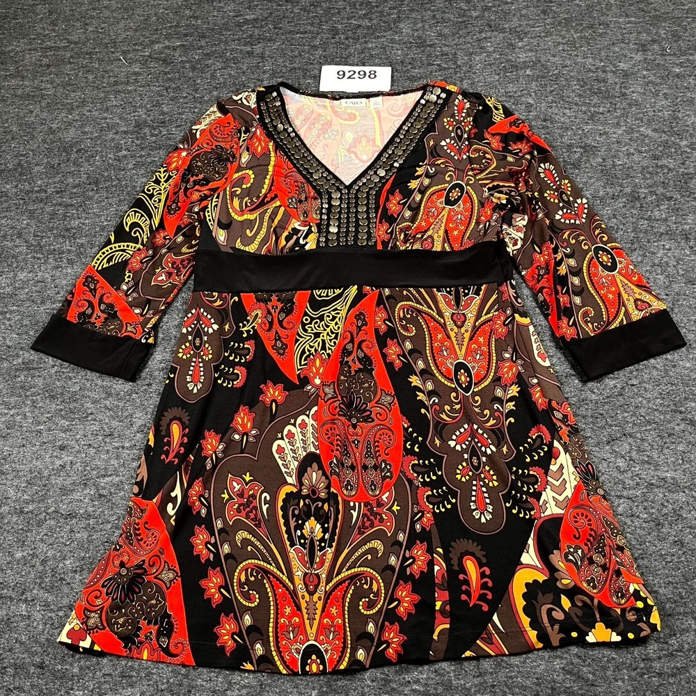 Cato Mini Dress Womens Medium Multicolor Paisley Studded V Neck Empire Waist
